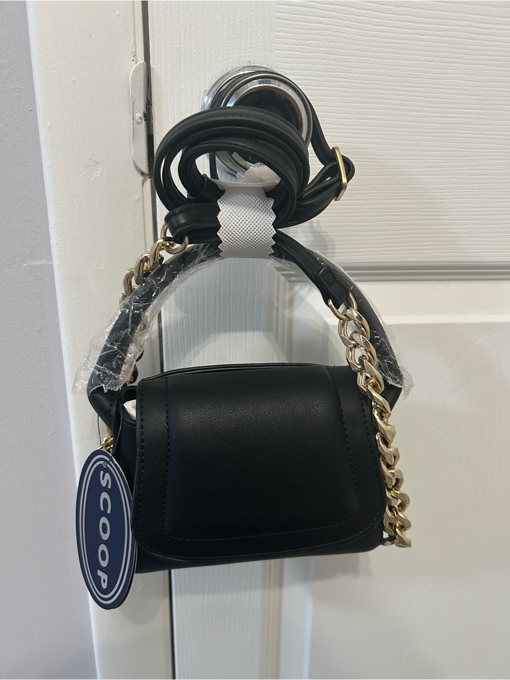 Scoop Black Mini Crossbody with Gold Chain Detail
